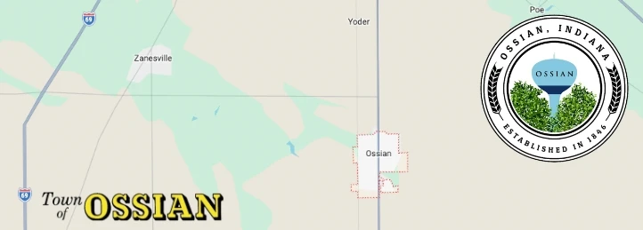 Map of Ossian, Indiana with town seal and nearby roads.