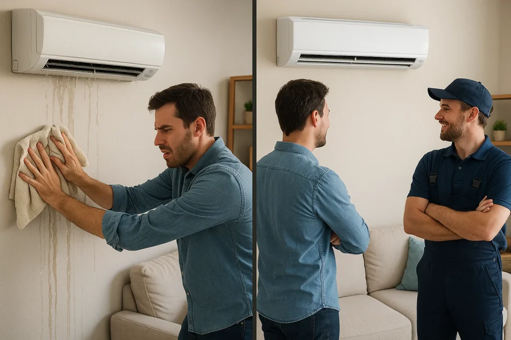 Before-and-after ductless mini-split leak repair showing system failure vs restored function