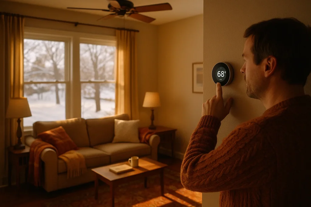 Homeowner adjusting smart thermostat set to 68 °F while sunlight streams through south‑facing windows — optimizing heating cost savings.