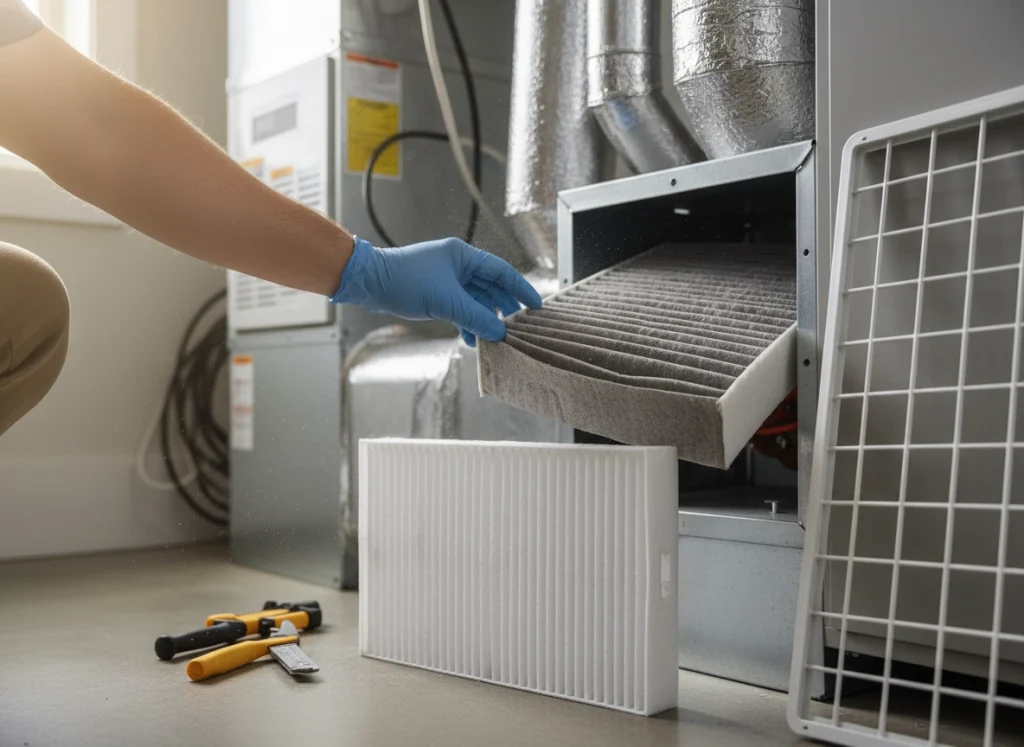 Homeowner replacing dusty HVAC air filter in return vent during winter maintenance