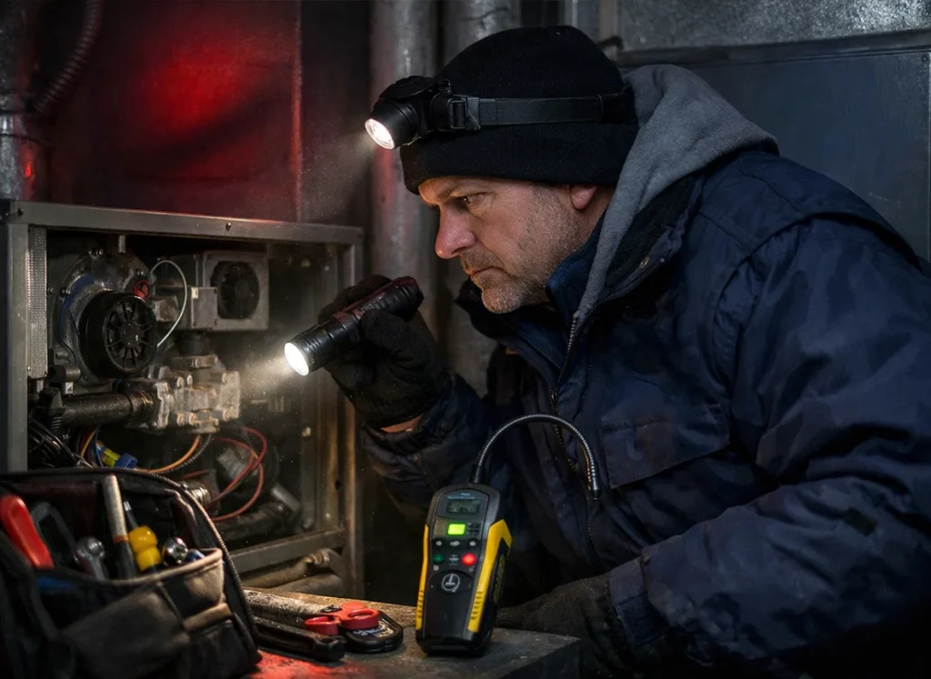 Technician inspects furnace with carbon monoxide warning and cold temperatures in dark utility room