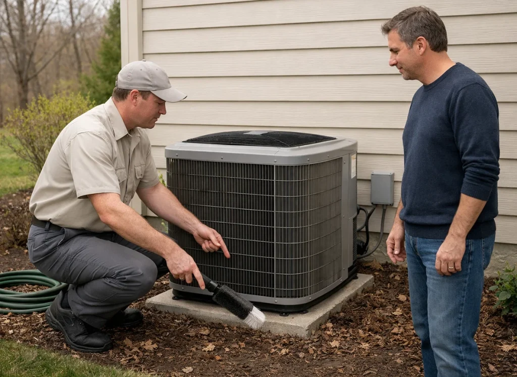 Homeowner reviews spring AC prep with technician by outdoor condenser