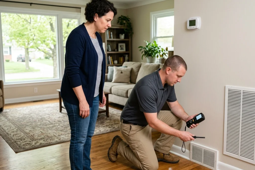 HVAC technician diagnosing pre-summer AC issues