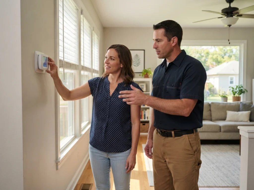 Homeowner reviewing energy-saving thermostat settings with Fort Wayne HVAC technician