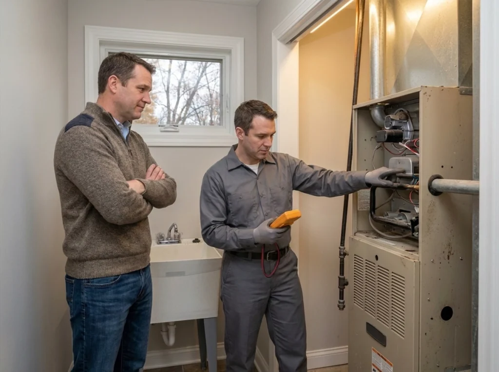 Fort Wayne homeowner discussing furnace repair or replacement with HVAC technician